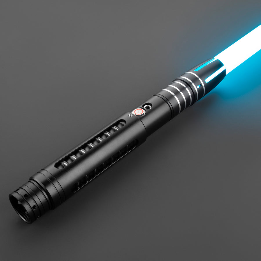 The Viper lightsaber ignited, a cyan blade rising from a black aluminium hilt