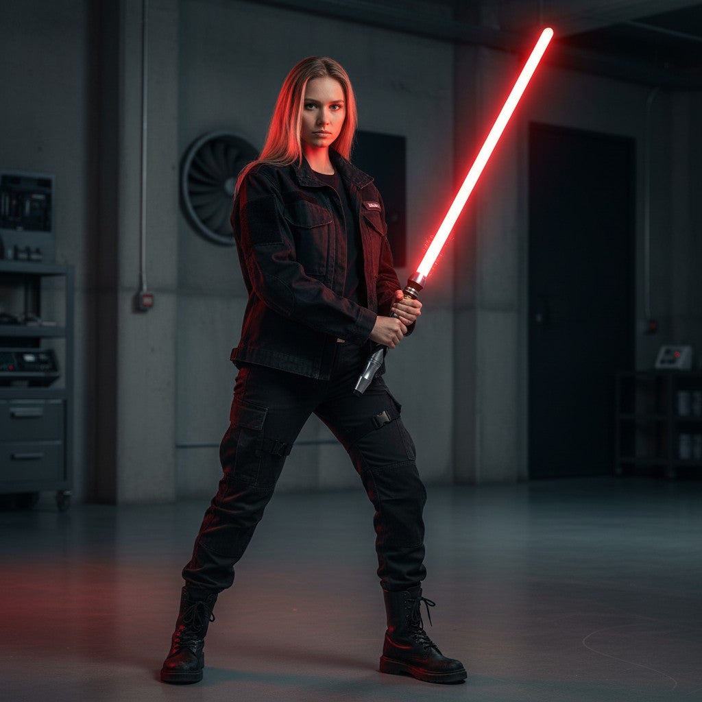 Parsec Sabers Filament lightsaber with a glowing red blade held by a woman in a dark industrial setting