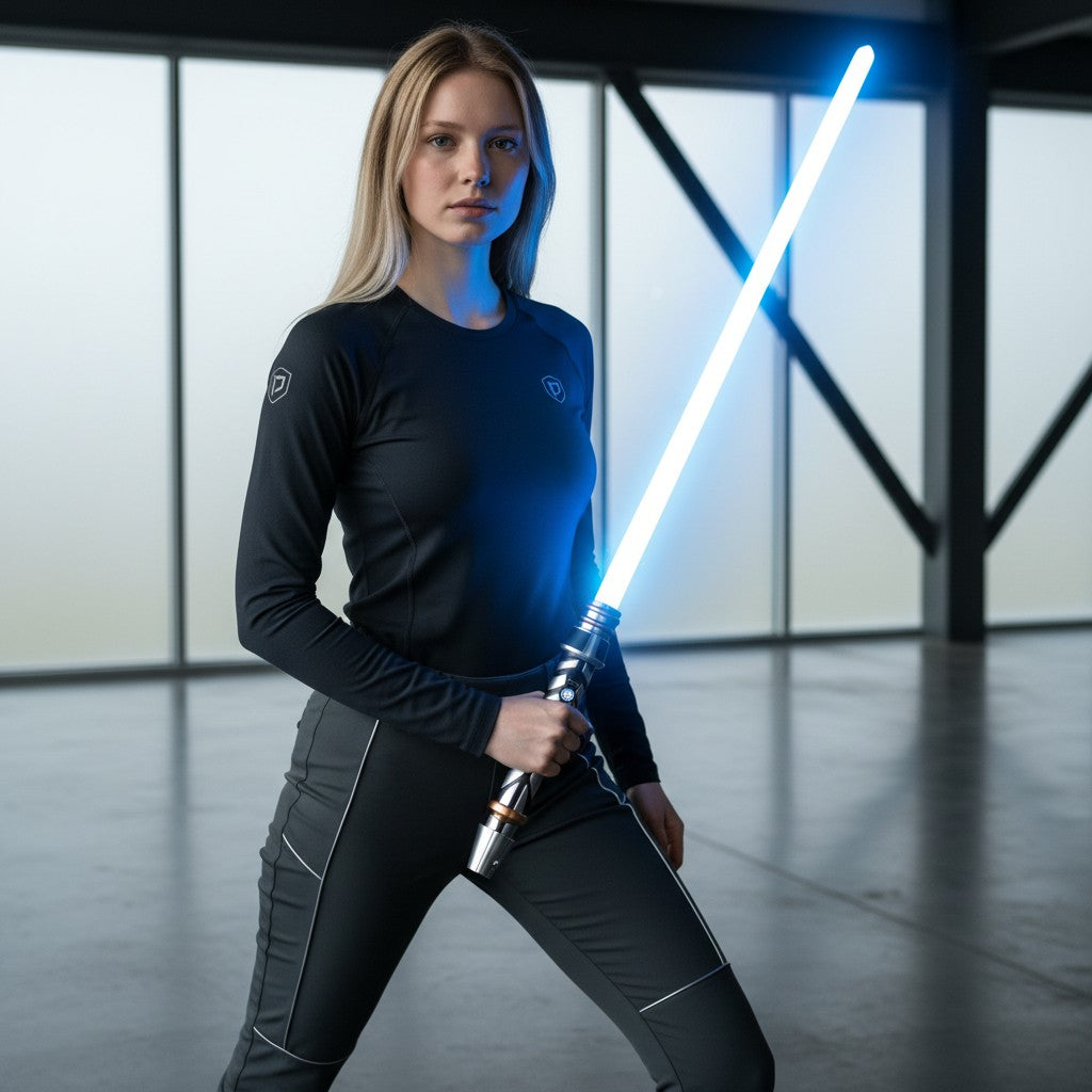 Parsec Sabers Flare lightsaber with a glowing blue blade held by a woman in a black athletic outfit in a studio.