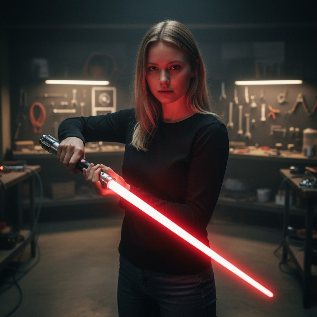 Woman holding a Parsec Sabers Lattice lightsaber with a glowing red blade in a workshop setting.