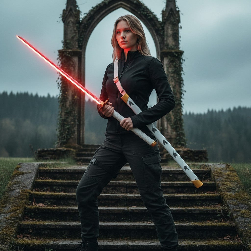 Parsec Sabers Nexus Xeno Pixel lightsaber with glowing red blade held by a woman in tactical gear near stone ruins.