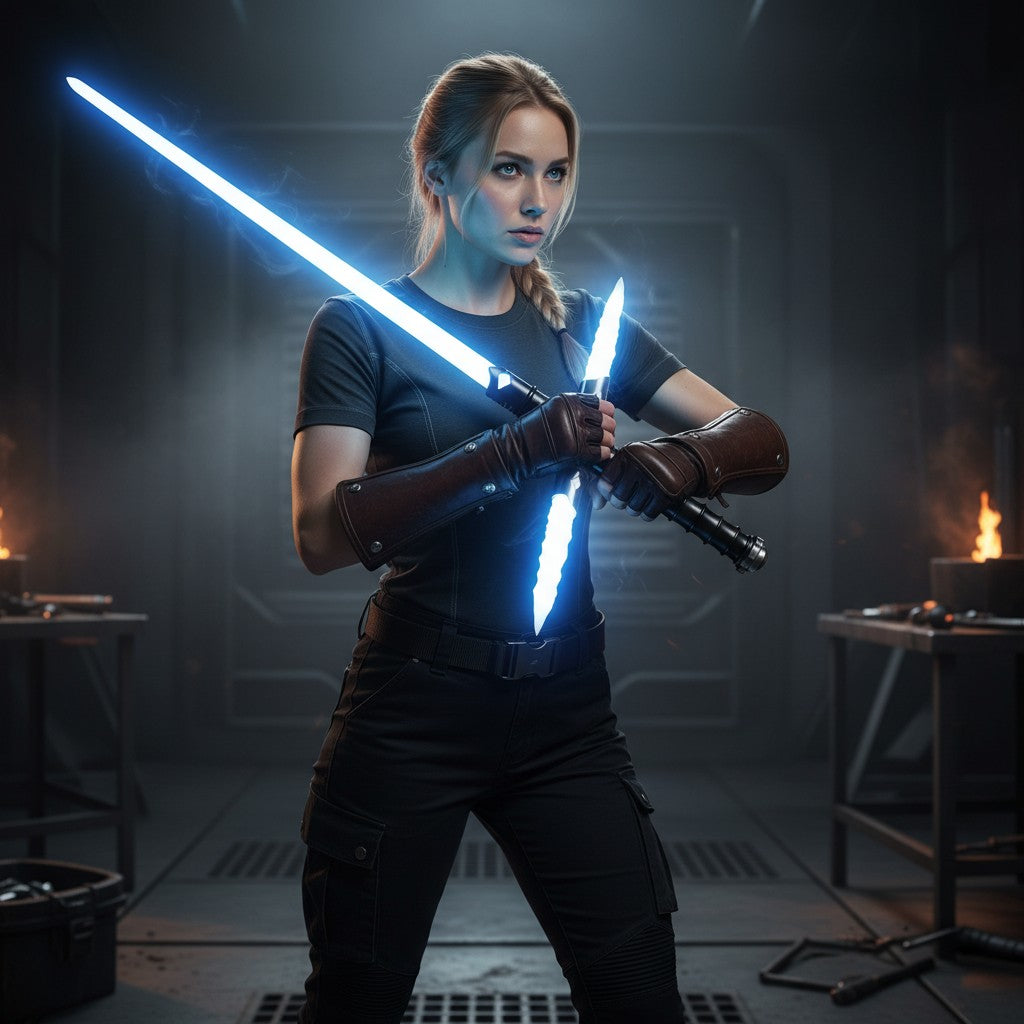 Parsec Sabers Pylon Xeno Pixel lightsaber with a glowing blue blade held by a woman in a dark workshop setting.