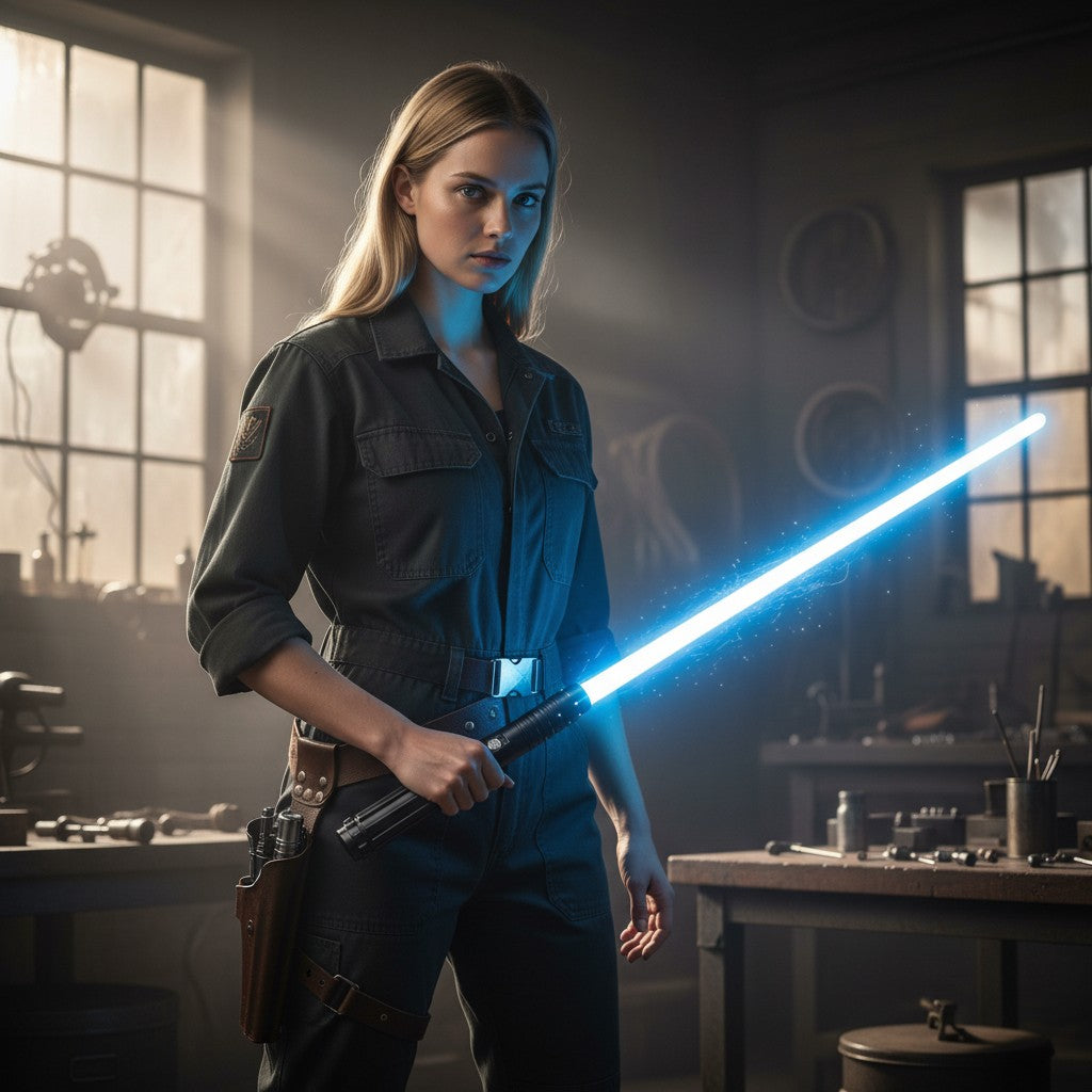 Parsec Sabers The Shard lightsaber with a glowing blue blade held by a woman in a workshop setting.