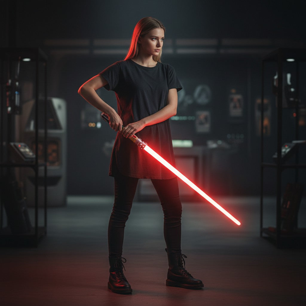 Parsec Sabers The Beacon lightsaber with a glowing red blade held by a woman in a dark, industrial workshop setting.