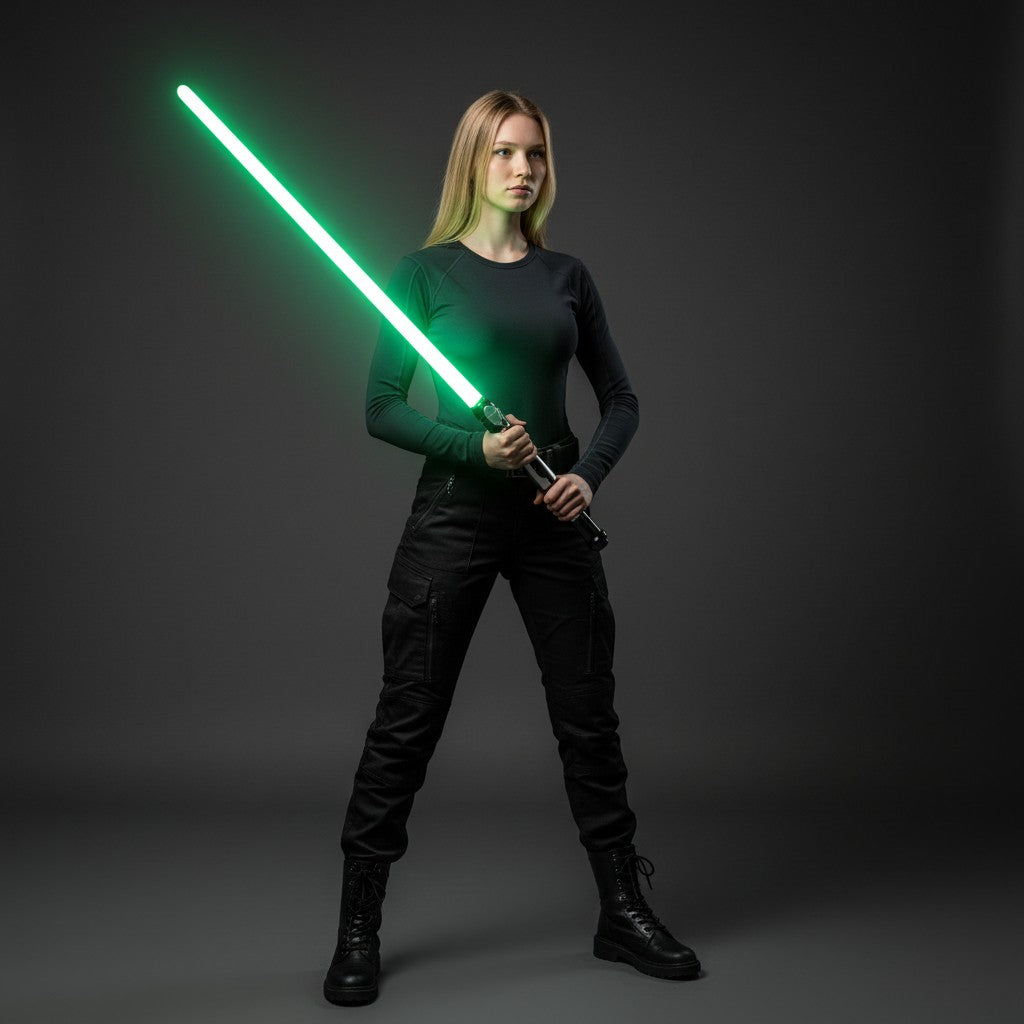 Parsec Sabers The Lantern lightsaber with a glowing green blade held by a woman in black tactical gear